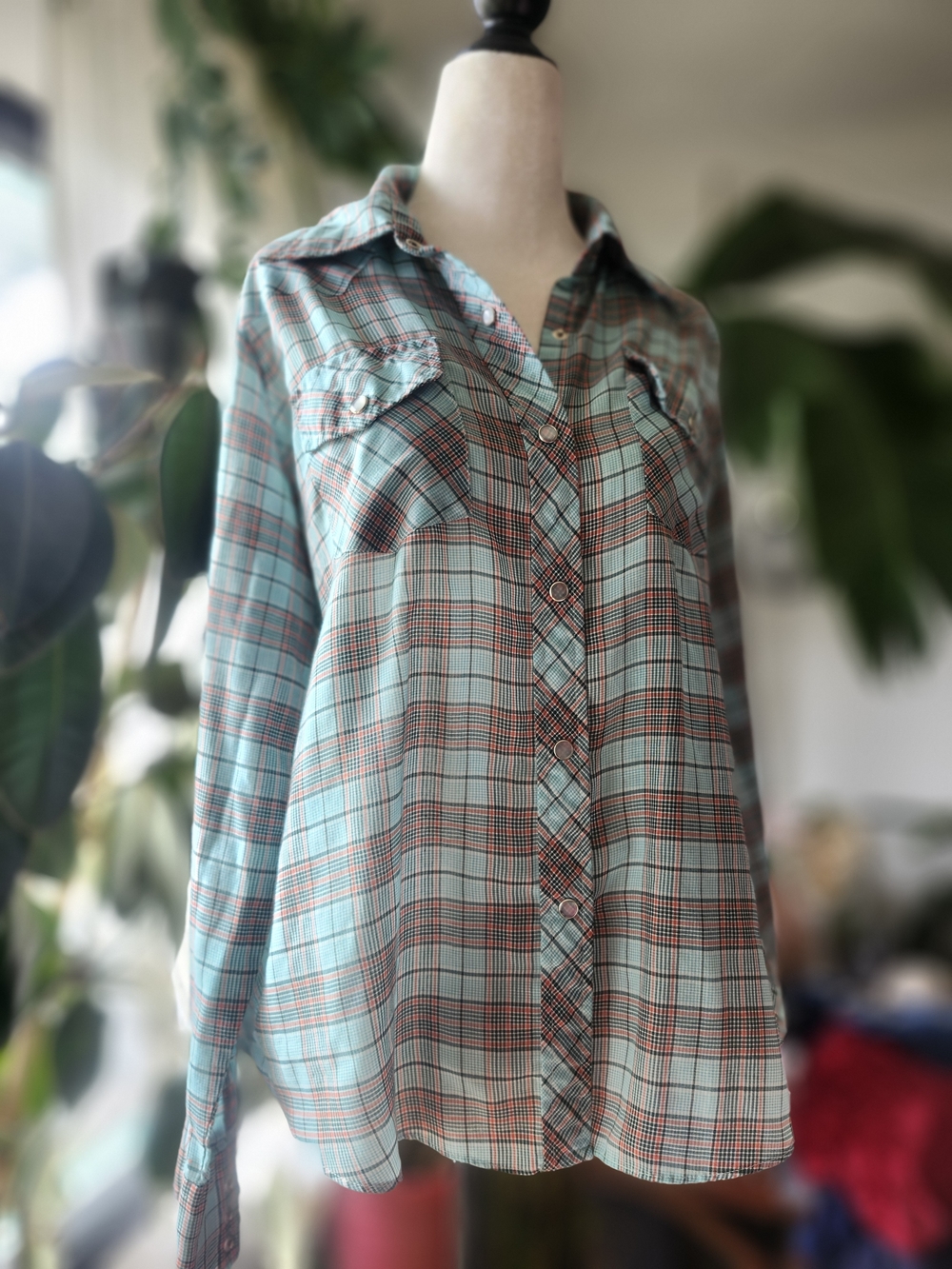 Vintage 70s Teal Plaid Snap-Front Shirt Western Soft Flowy XL - Picture 4 of 5